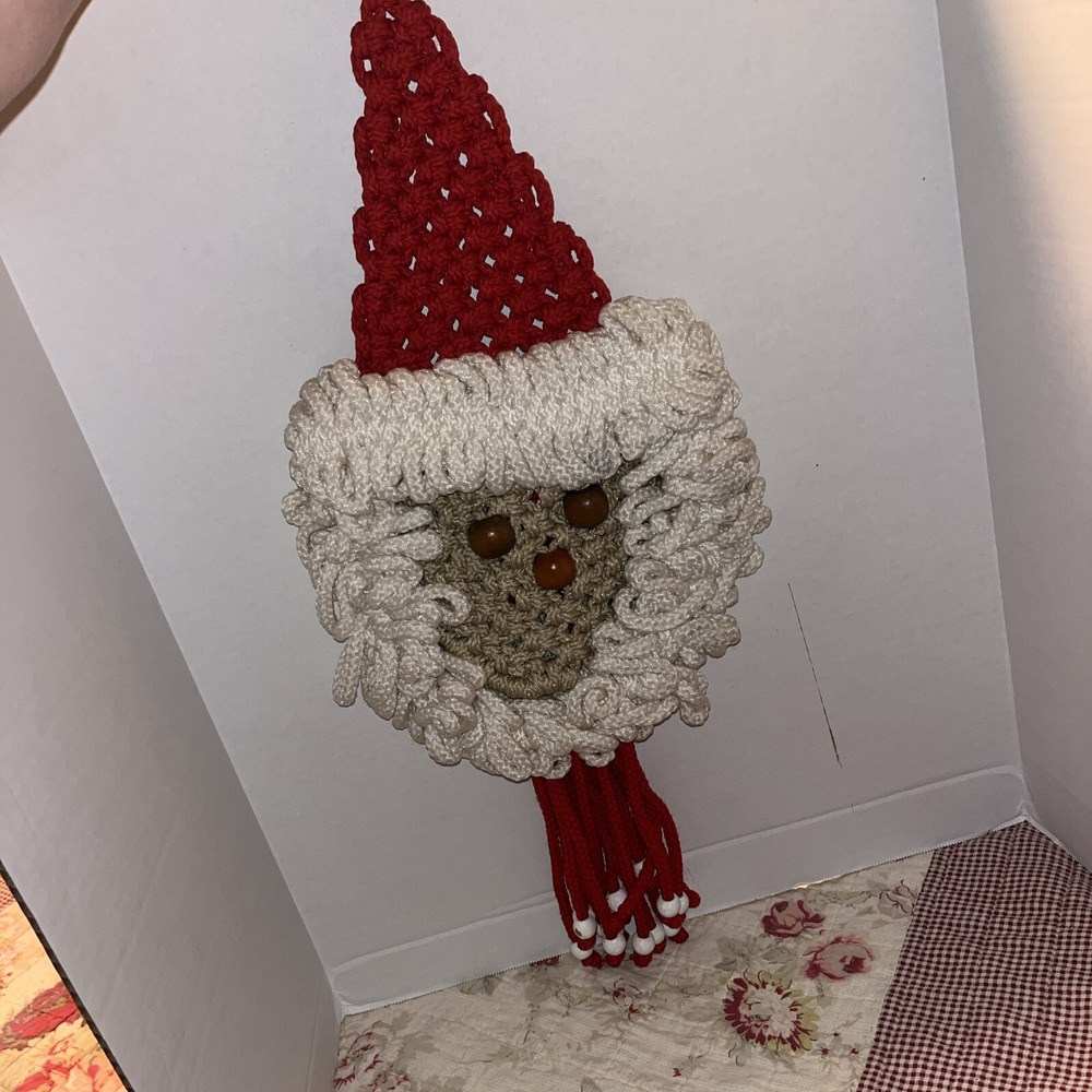 Vintage Macrame Hanging wall art Santa Claus Christmas Holiday Bells MCM